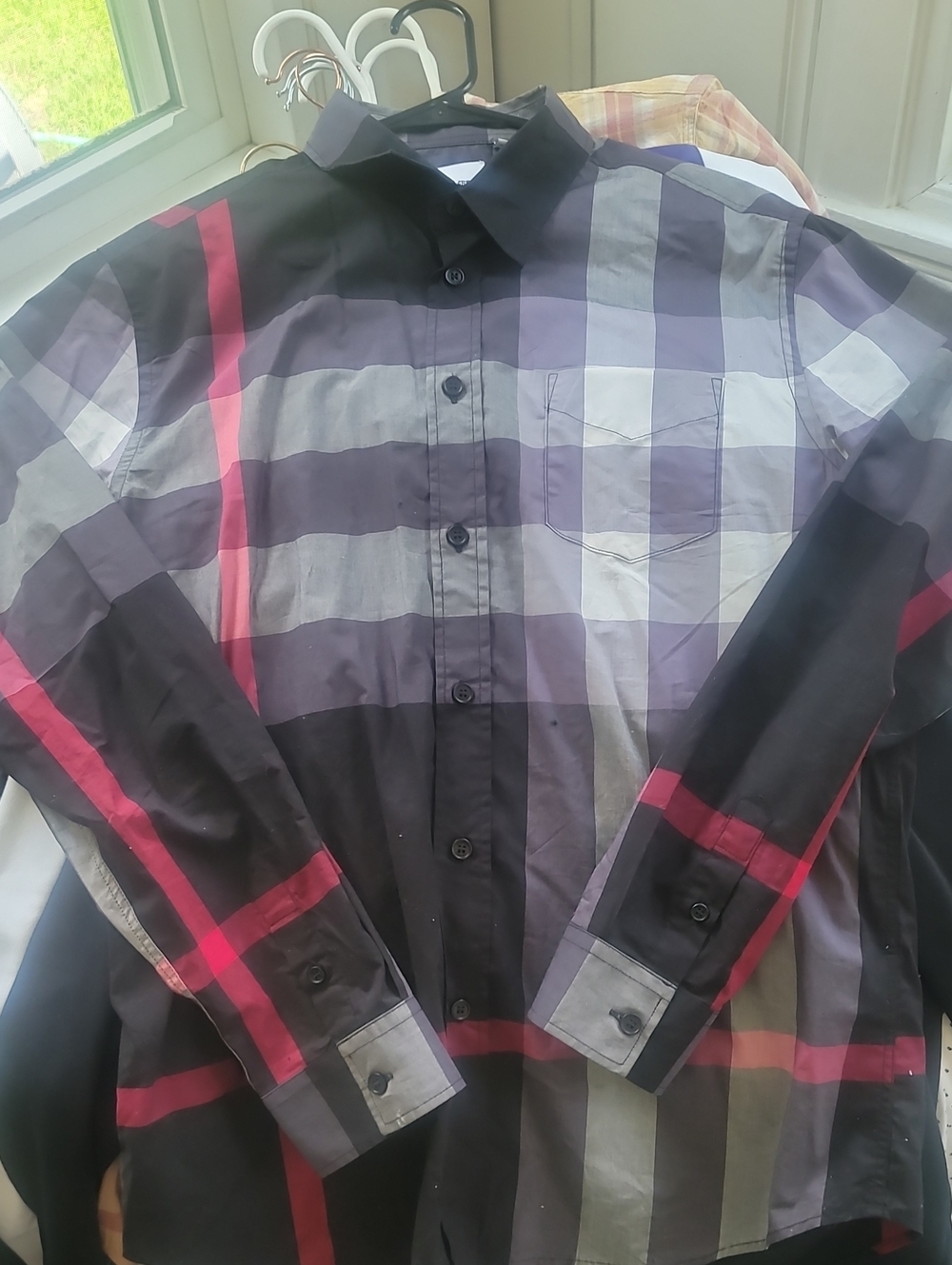 Burberry Black, Gray & Red Plaid Long-Sleeve Button-Down Shirt